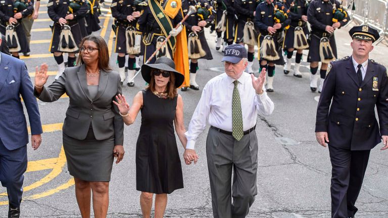 From left, Public Advocate Letitia James, lawyer Rikki Klieman, NYPD Commissioner William Bratton and NYPD Chief of Department James O'Neill march in the parade and ceremony on Friday, Sept. 9, 2016, to honor NYPD officers who died in the 9/11 terror attacks.