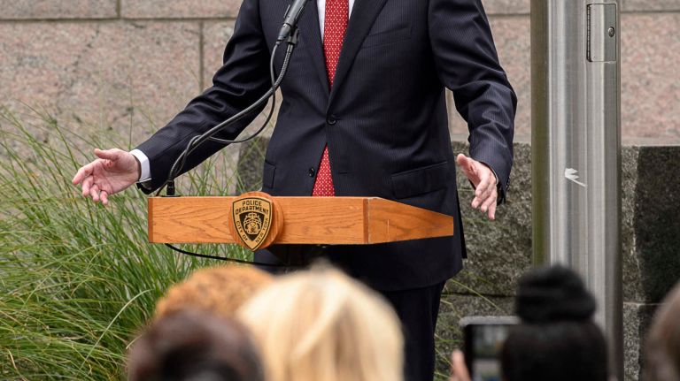 Mayor Bill de Blasio speaks during the ceremony at the Battery Park Police Memorial on Friday, Sept. 9, 2016, to honor NYPD officers who died in the Sept. 11 terror attacks.