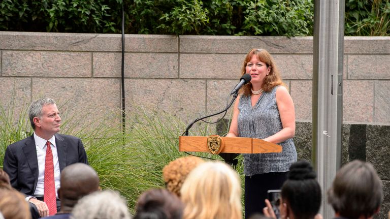 Shari Hyman, of Battery Park City, speaks during the ceremony at the Battery Park Police Memorial on Sept. 9, 2016.