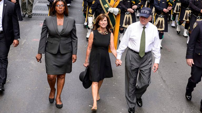 From left, Public Advocate Letitia James, lawyer Rikki Klieman, NYPD Commissioner William Bratton and NYPD Chief of Department James O'Neill march in the parade on Friday, Sept. 9, 2016, to honor NYPD officers who died in the 9/11 terror attacks.