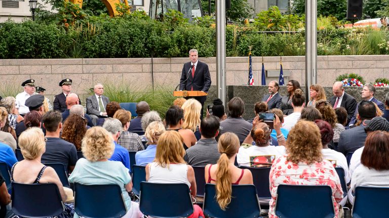 Mayor Bill de Blasio speaks during the ceremony at the Battery Park Police Memorial on Friday, Sept. 9, 2016, to honor NYPD officers who died in the Sept. 11 terror attacks.