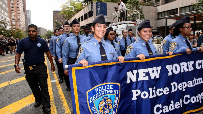 NYPD cadets march in the parade on Friday, Sept. 9, 2016, to honor NYPD officers who died in the Sept. 11 terror attacks.