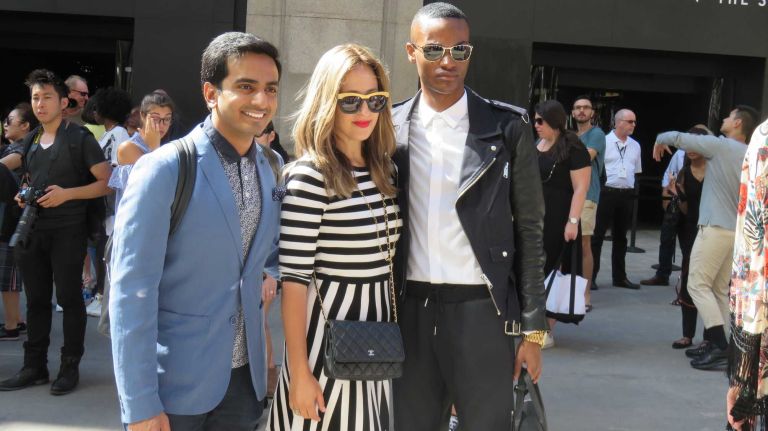 Guests stop for photos before the Vera Wang show at the Skylight at Moynihan Station in Manhattan during New York Fashion Week on Tuesday, Sept. 13, 2016.