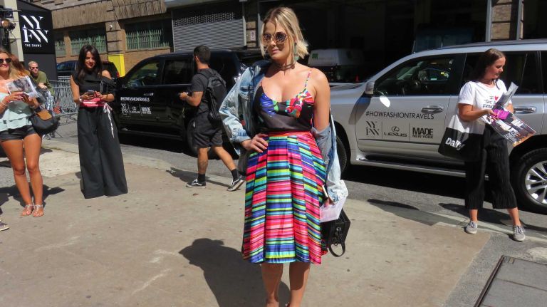 A guest shows off her street style at the Skylight at Moynihan Station in Manhattan during New York Fashion Week on Tuesday, Sept. 13, 2016.