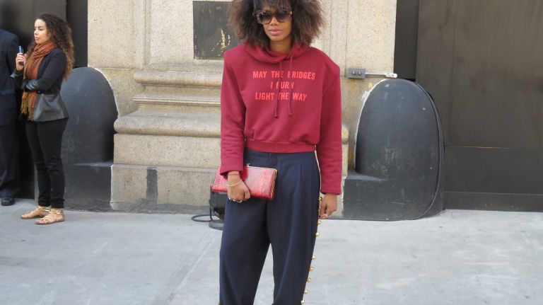 A guest shows off her street style before the Vera Wang show at the Skylight at Moynihan Station in Manhattan during New York Fashion Week on Tuesday, Sept. 13, 2016.