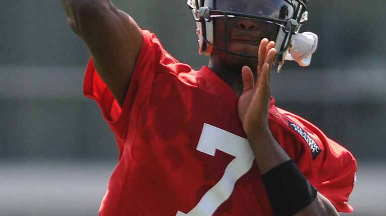 Geno Smith #7, Quarterback, throws a pass during the first day of New York Jets team training camp at Atlantic Health Jets Training Center in Florham Park, NJ on Thursday, July 28, 2016.