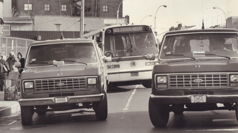 Old NYC bus photos: Take a drive down the streets of NYC history 17 Passenger vans illegally block the bus stop near the Archer Avenue subway station in Jamaica, Queens, on Nov. 24, 1991.
