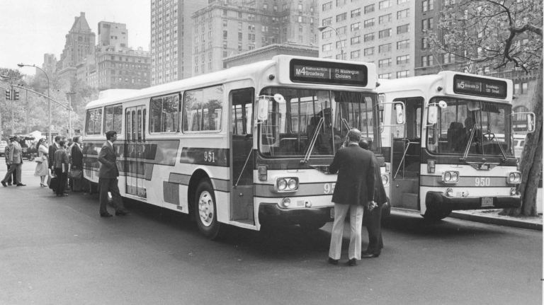 Old NYC bus photos: Take a drive down the streets of NYC history 28 People in front of the Plaza Hotel in Manhattan check out a line of new Japanese buses being tested by the city on May 6, 1981.