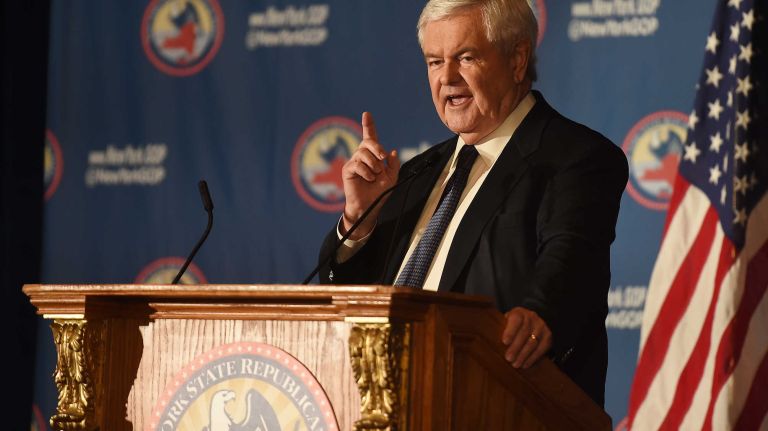Newt Gingrich, former House Speaker, speaks at the New York Delegation breakfast at the Republican National Convention in Cleveland, Ohio, on Monday, July 18, 2016.