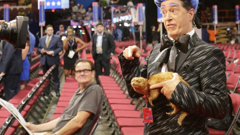 Comedian Stephen Colbert practices his routine at the Republican National Convention in Cleveland, Ohio, on Sunday, July 17, 2016.