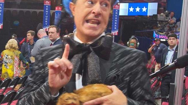 Comedian Stephen Colbert practices his routine at the Republican National Convention in Cleveland, Ohio, on Sunday, July 17, 2016.