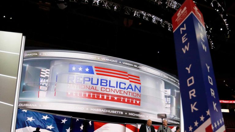 The Stage is being prepared at the Republican National Convention in Cleveland, Ohio, on Sunday, July 17, 2016.