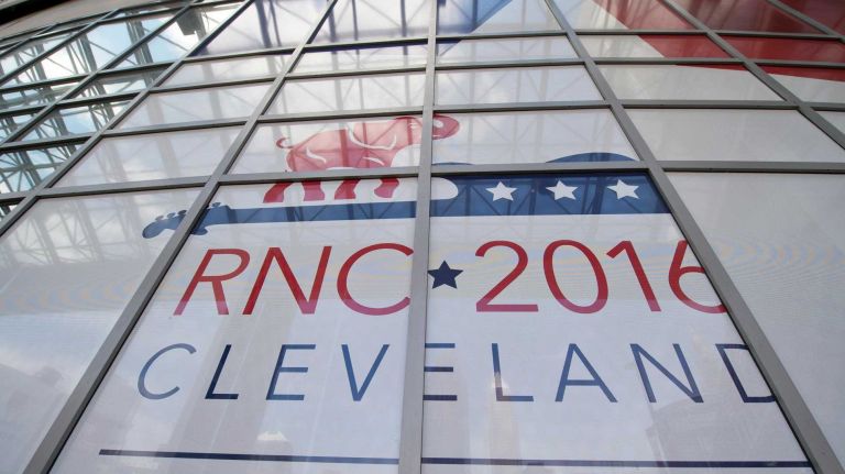 The scene outside the Quicken Loans Arena at the Republican National Convention in Cleveland, Ohio, on Sunday, July 17, 2016.
