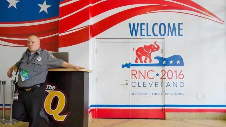 The signage is all up at the Quicken Loan Arena with signage at the Republican National Convention in Cleveland, Ohio, on Sunday, July 17, 2016.