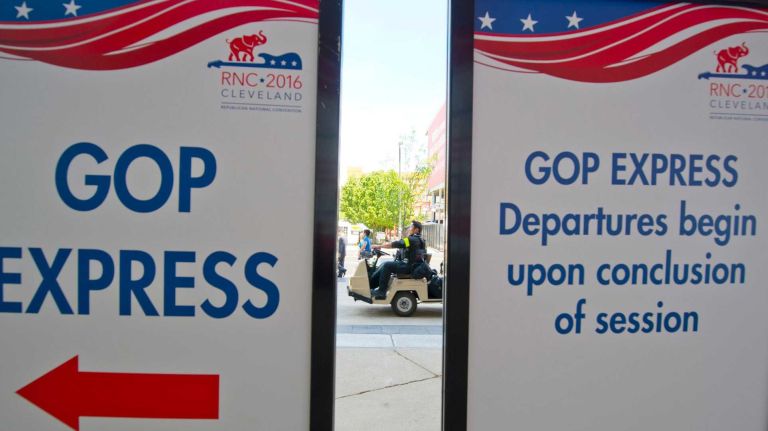 The scene outside the Quicken Loans Arena at the Republican National Convention in Cleveland, Ohio, on Sunday, July 17, 2016.