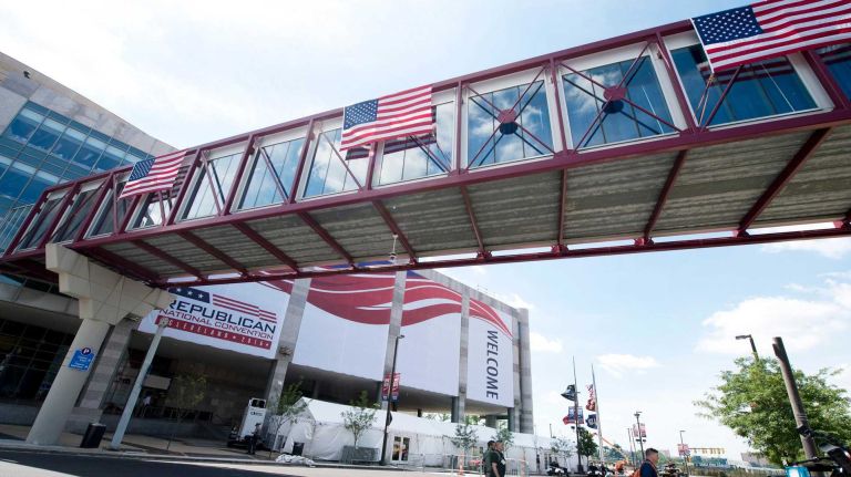 The scene outside the Quicken Loans Arena at the Republican National Convention in Cleveland, Ohio, on Sunday, July 17, 2016.