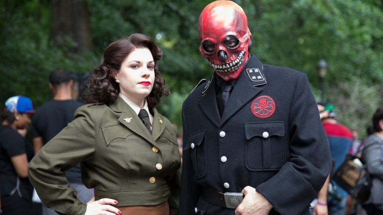 Cate Broomhead and Joseph Naftali came dressed as characters in Captain America saga for opening of the Marvel character's statue in Prospect Park on Aug. 10, 2016.