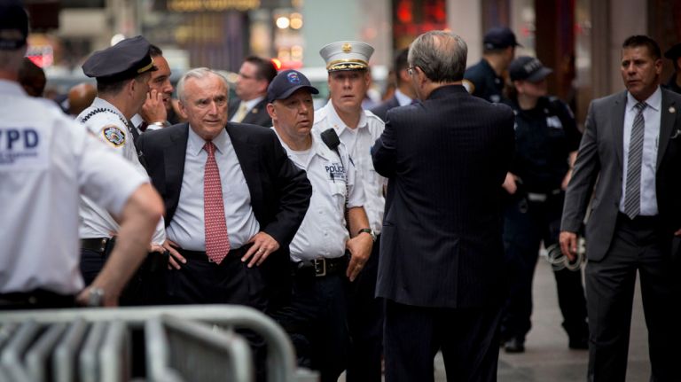 Police Commissioner William Bratton visits Trump Tower in Manhattan as a man who scaled the building got arrested, on August 10, 2016.