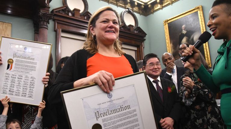 Melissa Mark- Viverito receives a proclamation at her final address to the City Council before a new speaker is chosen, Tuesday, Dec. 19, 2017.