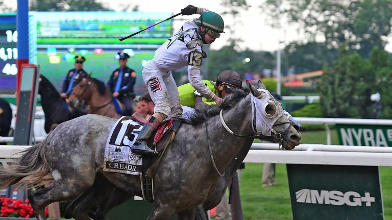 Creator (13) edges out Destin (2) to win the 148th running of the Belmont Stakes at Belmont Park in Elmont on June 11, 2016.