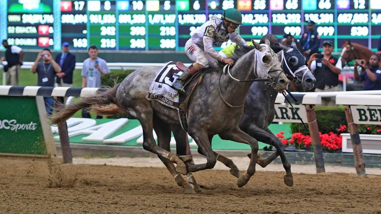 Creator (13) edges out Destin (2) to win the 148th running of the Belmont Stakes at Belmont Park in Elmont on June 11, 2016.