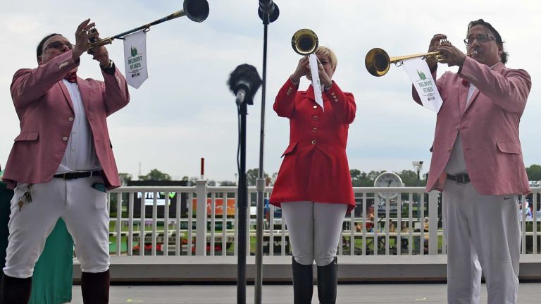 Buglers perform at Belmont Park in Elmont on June 11, 2016, before the 148th running of the Belmont Stakes.