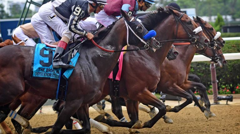 It's neck-and-neck in the fourth race at Belmont Park in Elmont on June 11, 2016, before the 148th running of the Belmont Stakes.