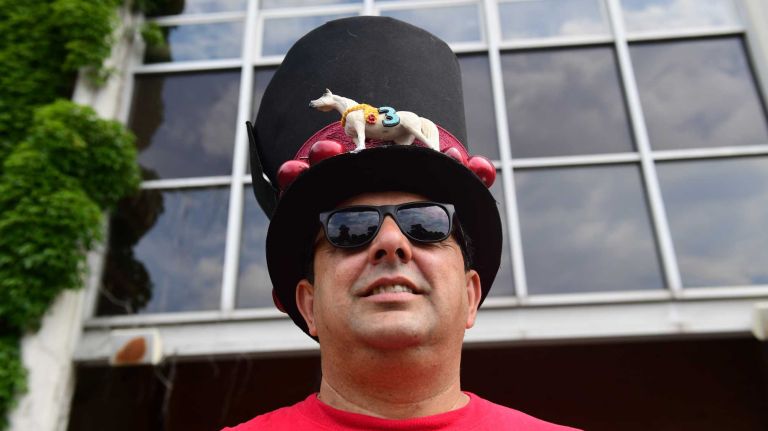 Carlo Spano, of Lindenhurst, wears his race day hat at Belmont Park in Elmont on June 11, 2016, for the 148th running of the Belmont Stakes.