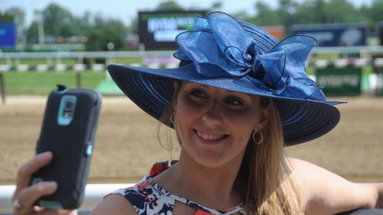 Paula Sanerre takes a selfie on June 11, 2016, at Belmont Park in Elmont. She was at the track for the 148th running of the Belmont Stakes.
