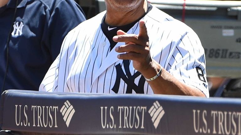 Former New York Yankees player Reggie Jackson is introduced during the 70th annual Old-Timers' Day at Yankee Stadium on Sunday, June 12, 2016.
