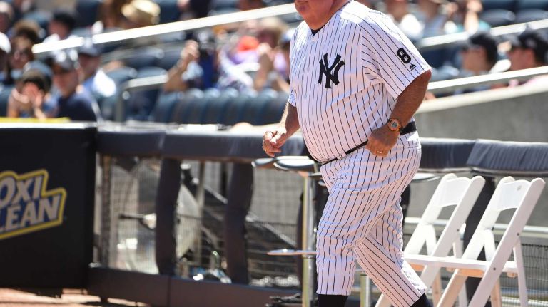 Former New York Yankees player Stump Merrell is introduced during the 70th annual Old-Timers' Day at Yankee Stadium on Sunday, June 12, 2016.