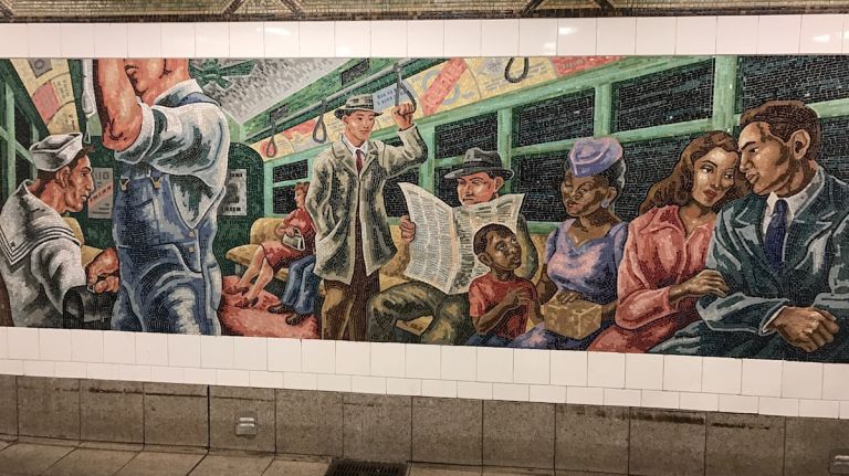 A five-panel mosaic tile series by Owen Smith, 