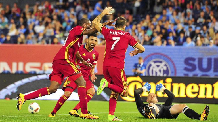 NYCFC vs. Real Salt Lake 27 New York City FC goalkeeper Josh Saunders (12) reacts as Real Salt Lake celebrates a second half goal by forward Juan Martinez (7) in an MLS game at Yankee Stadium in Bronx, New York on Thursday, June 2, 2016.