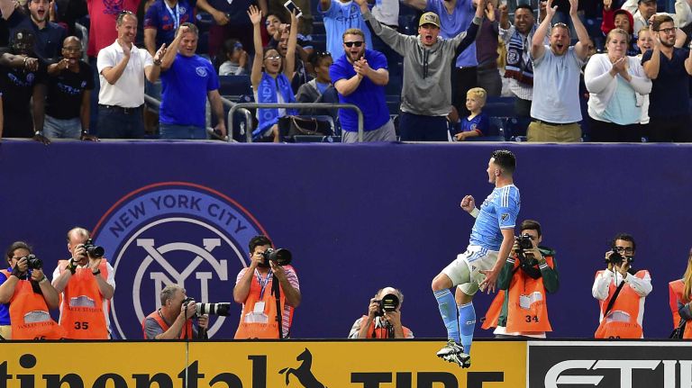 NYCFC vs. Real Salt Lake 30 New York City FC midfielder Jack Harrison (11) celebrates his second half goal in an MLS game against Real Salt Lake at Yankee Stadium in Bronx, New York on Thursday, June 2, 2016.