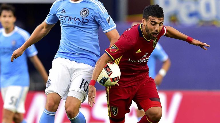 NYCFC vs. Real Salt Lake 31 New York City FC midfielder Mikkel Diskerud (10) and Real Salt Lake midfielder Javier Morales (11) battle for the ball in an MLS game at Yankee Stadium in Bronx, New York on Thursday, Jun 2, 2016.