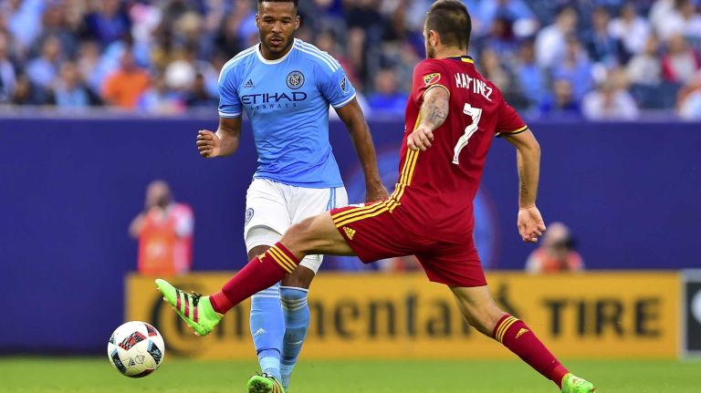 NYCFC vs. Real Salt Lake 35 New York City FC defender Ethan White (3) is defended by Real Salt Lake forward Juan Martinez (7) in an MLS game at Yankee Stadium in Bronx, New York on Thursday, Jun 2, 2016.