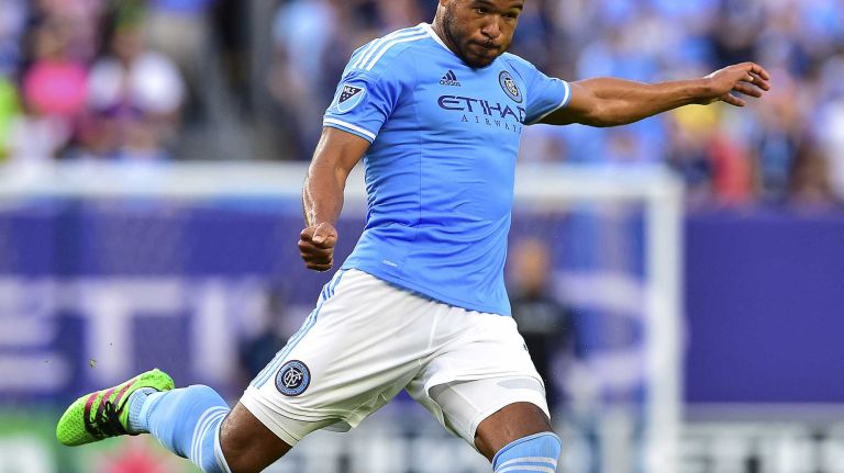 NYCFC vs. Real Salt Lake 43 New York City FC defender Ethan White (3) sends the ball in toward goal in an MLS game against Real Salt Lake at Yankee Stadium in Bronx, New York on Thursday, Jun 2, 2016.