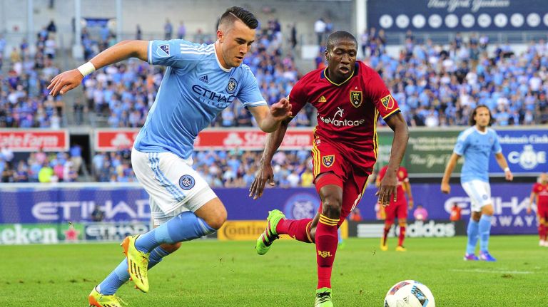 NYCFC vs. Real Salt Lake 44 New York City FC midfielder Jack Harrison (11) is defended by Real Salt Lake midfielder Demar Phillips (17) in an MLS game at Yankee Stadium in Bronx, New York on Thursday, Jun 2, 2016.