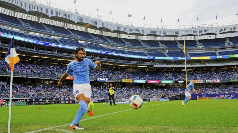 NYCFC vs. Real Salt Lake 46 New York City FC midfielder Andrea Pirlo (21) takes a corner kick in an MLS game against Real Salt Lake at Yankee Stadium in Bronx, New York on Thursday, Jun 2, 2016.