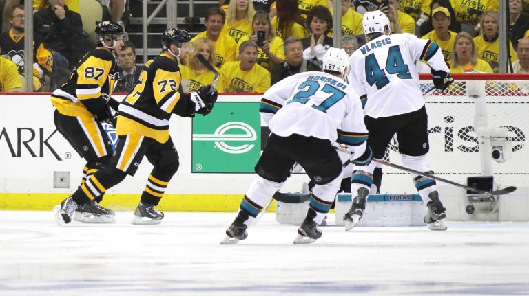 Conor Sheary #43 of the Pittsburgh Penguins (not pictured) scores the game-winning goal against Martin Jones #31 of the San Jose Sharks to win 2-1 in overtime during Game Two of the 2016 NHL Stanley Cup Final at Consol Energy Center on June 1, 2016 in Pittsburgh, Pennsylvania.