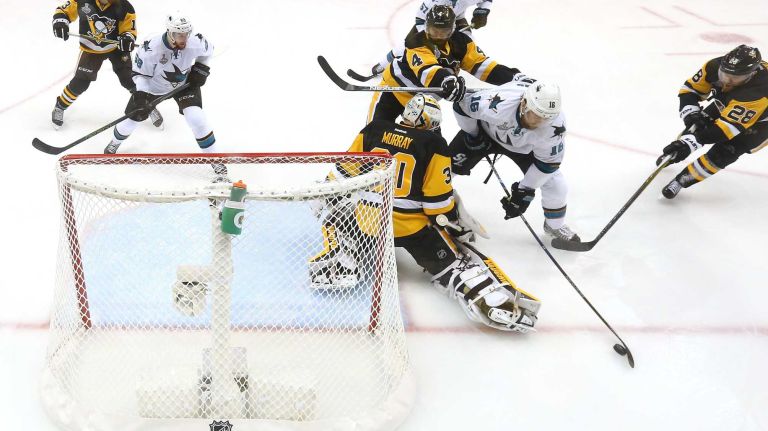 Matt Murray #30 of the Pittsburgh Penguins tends goal against Nick Spaling #16 of the San Jose Sharks during the first period in Game Two of the 2016 NHL Stanley Cup Final at Consol Energy Center on June 1, 2016 in Pittsburgh, Pennsylvania.