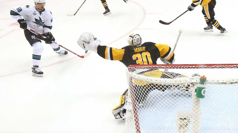 Matt Murray #30 of the Pittsburgh Penguins tends goal against Tomas Hertl #48 of the San Jose Sharks during the first period in Game Two of the 2016 NHL Stanley Cup Final at Consol Energy Center on June 1, 2016 in Pittsburgh, Pennsylvania.