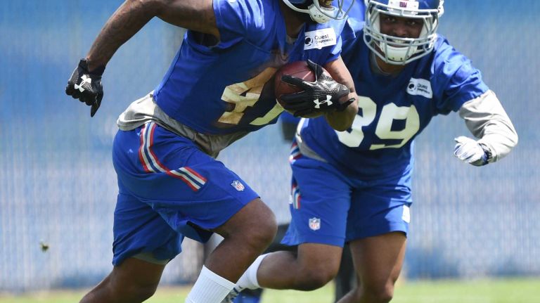 New York Giants cornerback Dominique Rodgers-Cromartie and cornerback Michael Hunter run a drill during the Giants Organized Team Activities at Quest Diagnostics Training Center on Wednesday, June 1, 2016.