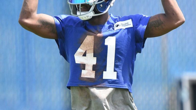 New York Giants cornerback Dominique Rodgers-Cromartie reacts on the field during the Giants Organized Team Activities at Quest Diagnostics Training Center on Wednesday, June 1, 2016.