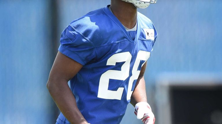 New York Giants cornerback Eli Apple runs a drill during the Giants Organized Team Activities at Quest Diagnostics Training Center on Wednesday, June 1, 2016.