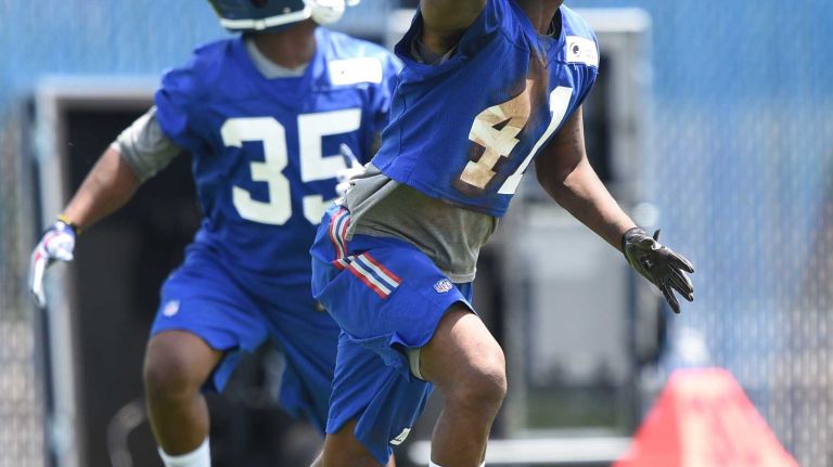New York Giants cornerback Dominique Rodgers-Cromartie runs a drill during the Giants Organized Team Activities at Quest Diagnostics Training Center on Wednesday, June 1, 2016.