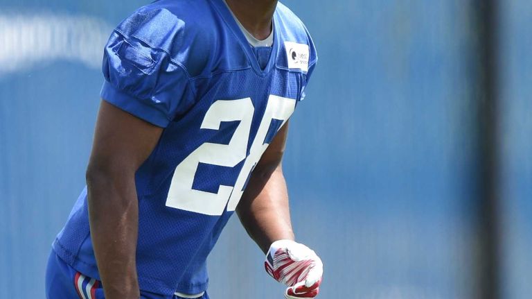 New York Giants cornerback Eli Apple runs a drill during the Giants Organized Team Activities at Quest Diagnostics Training Center on Wednesday, June 1, 2016.