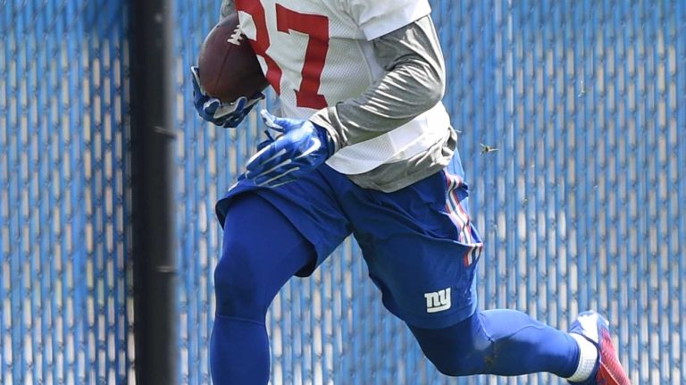 New York Giants wide receiver Shepard Sterling runs with the football during the Giants Organized Team Activities at Quest Diagnostics Training Center on Wednesday, June 1, 2016.