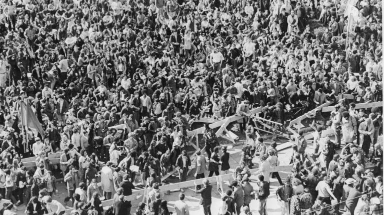Thousands attend a peace rally protesting against the Vietnam War in Bryant Park on April 15, 1970.