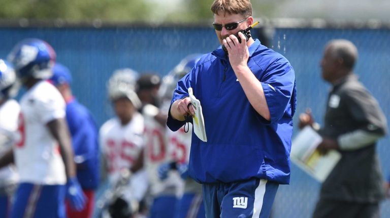 New York Giants head coach Ben McAdoo is seen on the field during the Giants Organized Team Activities at Quest Diagnostics Training Center on Wednesday, June 1, 2016.